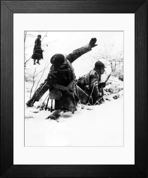 Framed Print : WW2 French soldier throwing a handgrenade during infantry exercise in the snow Framed Print : WW2 French soldier throwing a handgrenade during infantry exercise in the snow