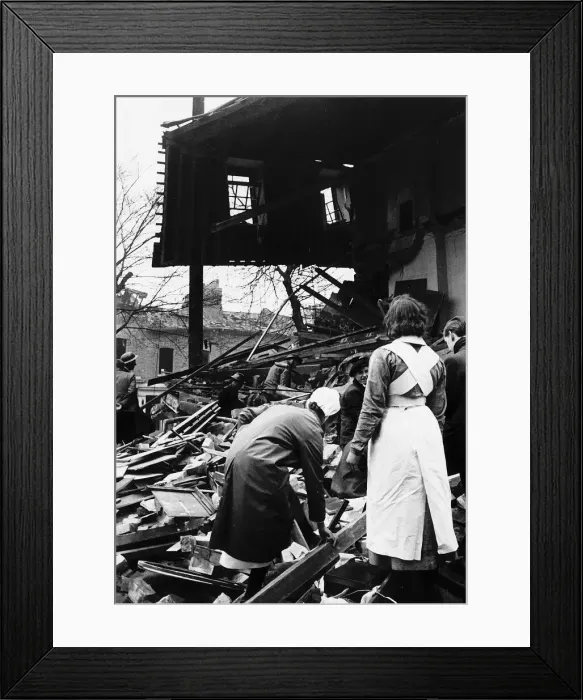 Framed Print : WW2 Bombed Hospital nurses and air raid wardens search wreckage