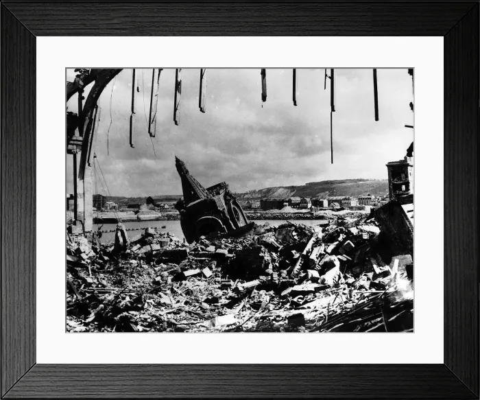 Framed Print : WW2 Cherbourg railway station after a German air raid 1944