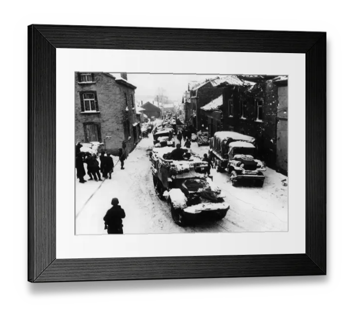 Framed Print : American troops pass through snow-covered street in Lierheux Belgium during WW2 Framed Print : American troops pass through snow-covered street in Lierheux Belgium during WW2