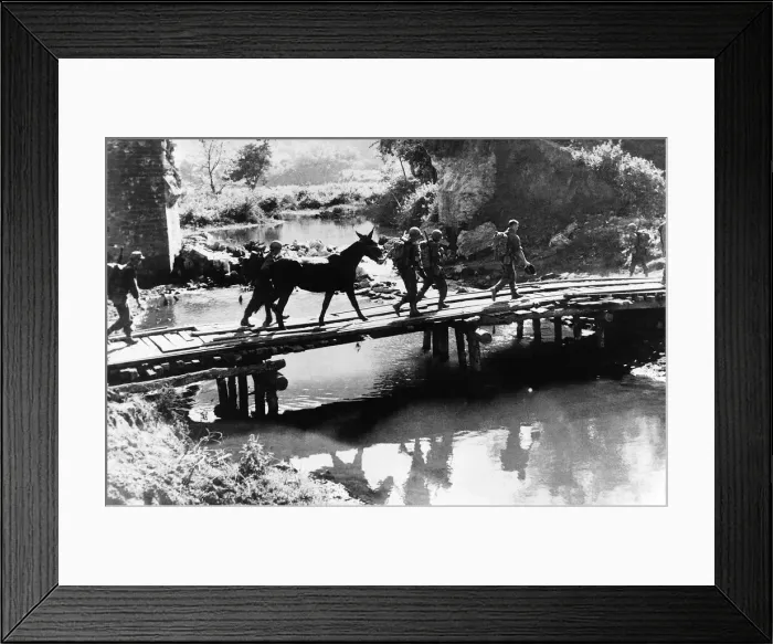Framed Print : US infantry of Mars Task Force cross temporary bridge in Burma during WW2 Framed Print : US infantry of Mars Task Force cross temporary bridge in Burma during WW2