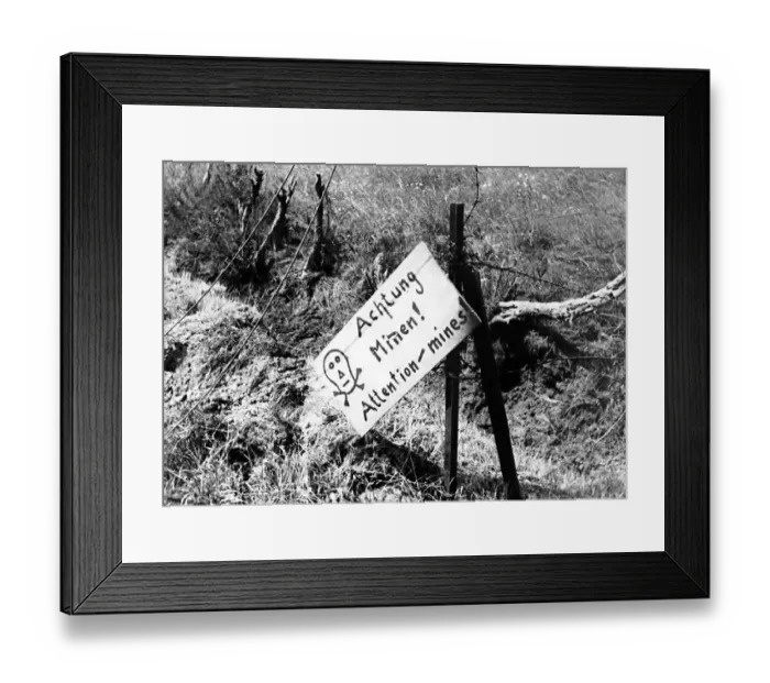 Framed Print : Warning of German minefield found by Canadian soldiers on arrival in France