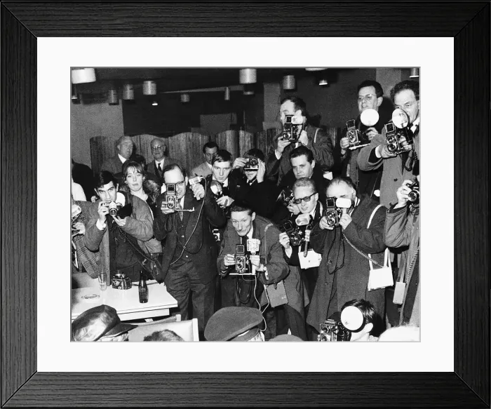 Framed Print : A room full of photographers take pictures of pop group The Beatles during their visit to Framed Print : A room full of photographers take pictures of pop group The Beatles during their visit to