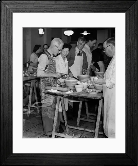 Framed Print : Mens cooking class, February 1944 Men preparing their food in the class in