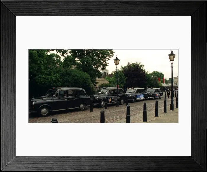 Framed Print : London Black Cab in Taxi Rank at the Tower of London July 1996 Framed Print : London Black Cab in Taxi Rank at the Tower of London July 1996