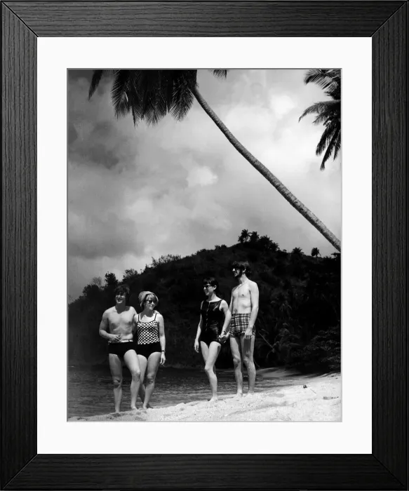 Framed Print : John Lennon and Ringo Starr with partners Cynthia and Maureen in Tobago during the two