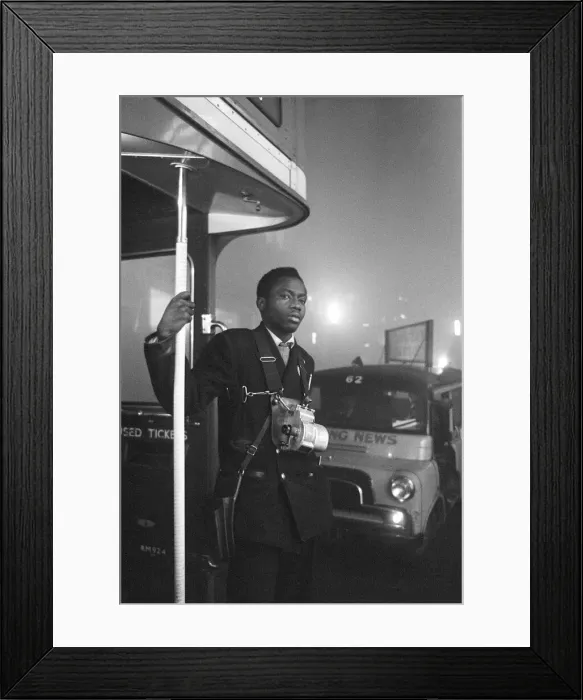 Framed Print : Weather London Smog December 1962. A London Transport bus conductor looks out from Framed Print : Weather London Smog December 1962. A London Transport bus conductor looks out from