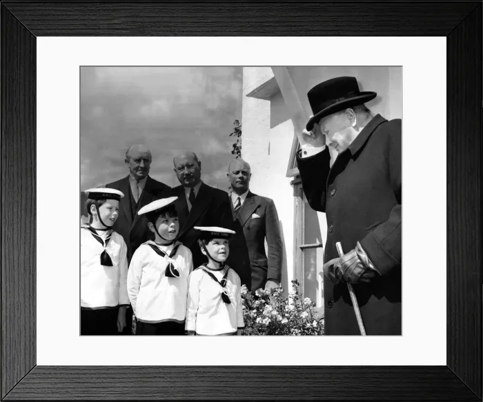 Framed Print : Sir Winston Churchill - May 1959 British Prime Minister raises his hat to 3 young Framed Print : Sir Winston Churchill - May 1959 British Prime Minister raises his hat to 3 young