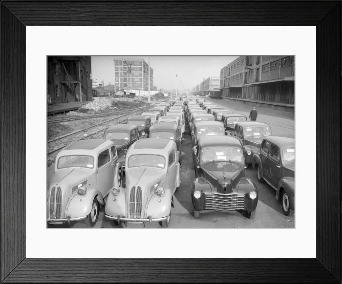 Framed Print : Ford Populars waiting export at the London Docks April 1949