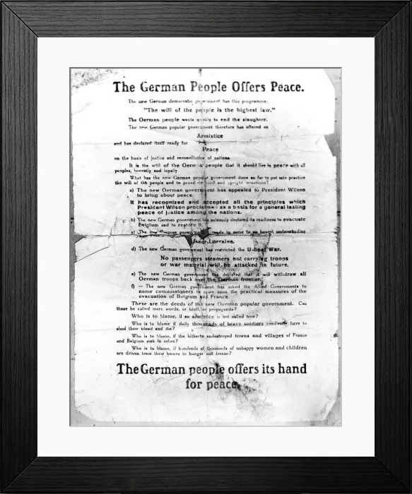 Framed Print : World War One letter declaring The German People Offers Peace circa 1918