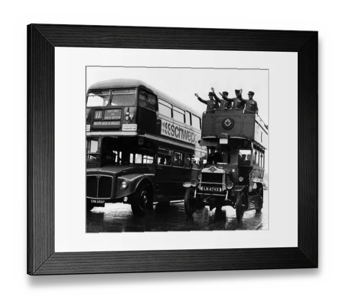 Framed Print : George Gwynn at the Wheel of Ole Bill a 1914 Bus - with the Chelsea Pensioners