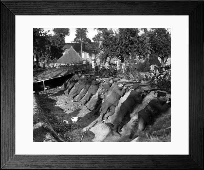Framed Print : British Marines take up defensive positions in a trench on the outskirts of Lierne. 1914 Framed Print : British Marines take up defensive positions in a trench on the outskirts of Lierne. 1914