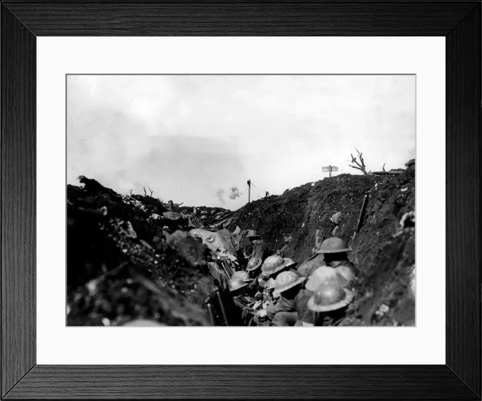 Framed Print : Shrapnel bursting over reserve trench in Canadian line in mid-October of the Somme Framed Print : Shrapnel bursting over reserve trench in Canadian line in mid-October of the Somme