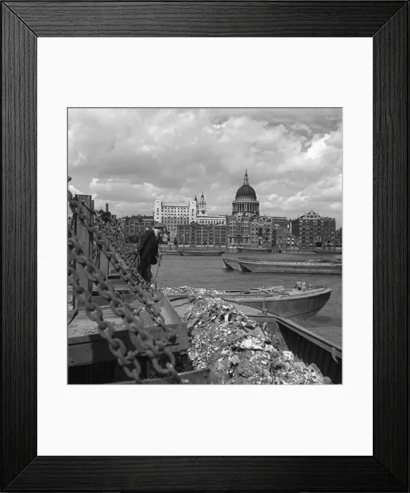 Framed Print : River Thames London April 1947 A Thames barge man gets ready to throw a rope
