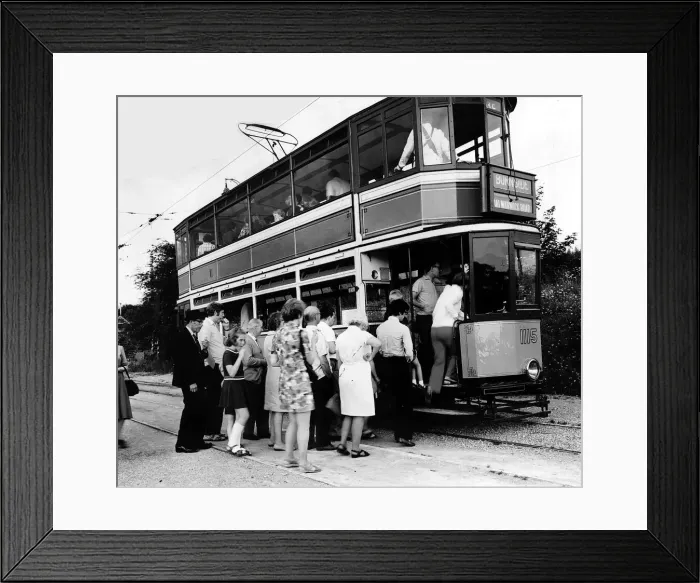 Framed Print : Passengers boarding a tram circa 1960 Framed Print : Passengers boarding a tram circa 1960