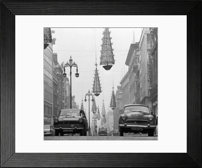 Framed Print : Christmas lights and decorations in Oxford Street, London 1962 Framed Print : Christmas lights and decorations in Oxford Street, London 1962