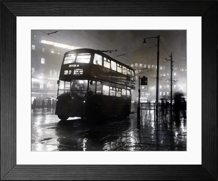 Framed Print : A Double Decker bus in Manchester during the Miday Smog November 1953 Framed Print : A Double Decker bus in Manchester during the Miday Smog November 1953