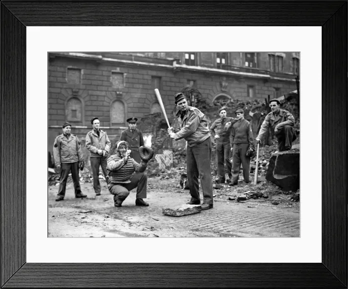 Framed Print : American soldiers playing baseball amid the ruins in the business centre of Liverpool