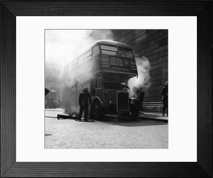 Framed Print : Red Double Decker Bus on Fire - May 1959 firemen attempt to tackle the fire Framed Print : Red Double Decker Bus on Fire - May 1959 firemen attempt to tackle the fire