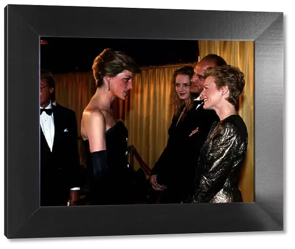 Diana, Princess Of Wales meets American actress Glenn Close as she attends the film