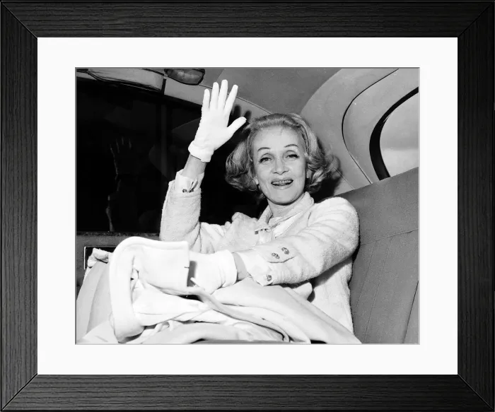 Framed Print : Marlene Dietrich actress sitting in back of car September 1965 Coat jacket and gloves