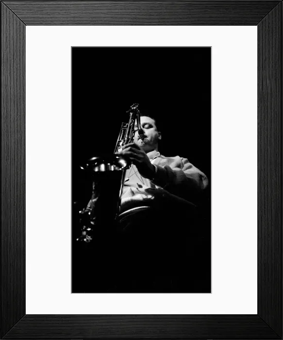 Framed Print : Jazz performer Stan Getz at Ronnie Scotts jazz club. Master tenor saxophonist Framed Print : Jazz performer Stan Getz at Ronnie Scotts jazz club. Master tenor saxophonist