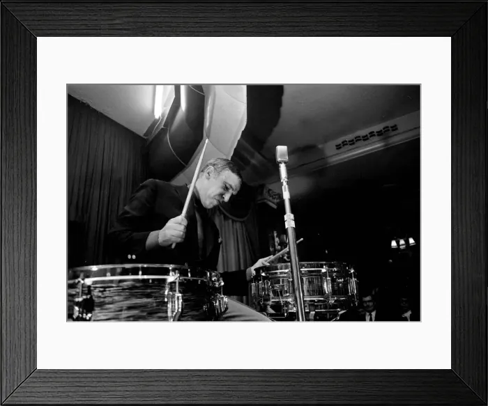 Framed Print : Jazz performer Buddy Rich, Drummer on kit. 1960s Framed Print : Jazz performer Buddy Rich, Drummer on kit. 1960s