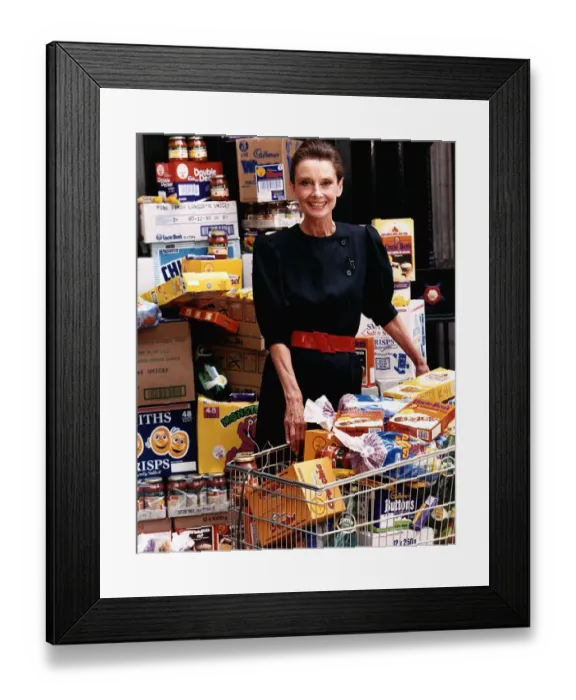 Framed Print : Audrey Hepburn actress launching the Supermarket Campaign for Unicef July 1989 Framed Print : Audrey Hepburn actress launching the Supermarket Campaign for Unicef July 1989