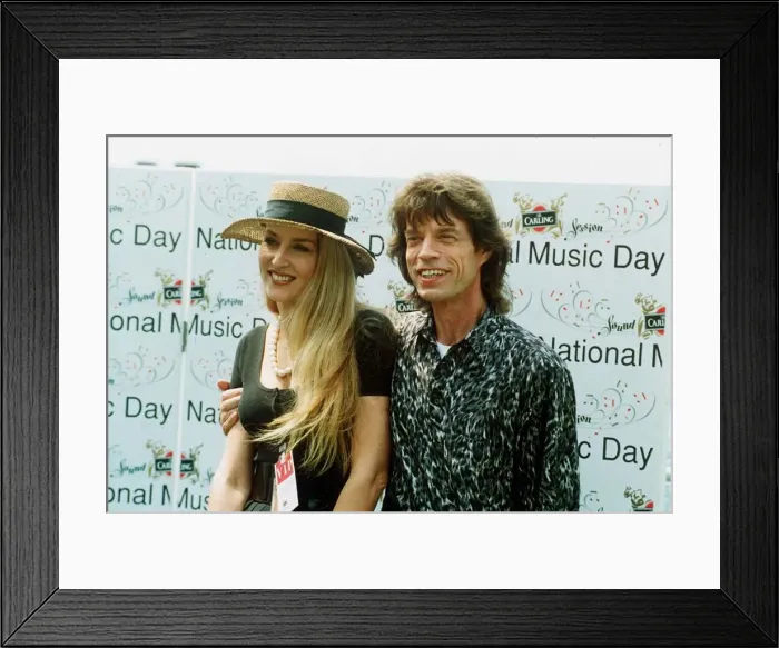 Framed Print : Rolling stones, Mick Jagger with wife Jerry Hall at National Music Day in May 1993 Framed Print : Rolling stones, Mick Jagger with wife Jerry Hall at National Music Day in May 1993