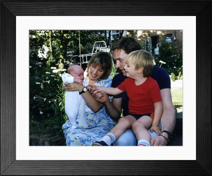 Framed Print : Timothy Bentinck at home with his wife Judy and their children Will aged four Framed Print : Timothy Bentinck at home with his wife Judy and their children Will aged four