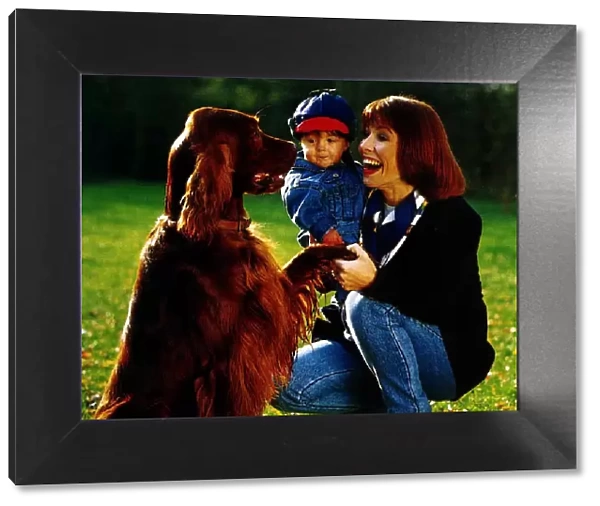 Kay Burley TV Presenter with her son Alexander and pet dog Irish Setter Fred