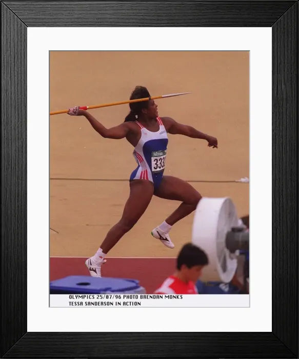 Framed Print : Tessa Sanderson of Great Britain rears back for a throw during the women Framed Print : Tessa Sanderson of Great Britain rears back for a throw during the women