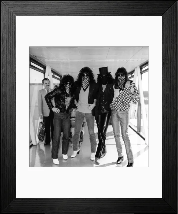 Framed Print : Pop Group Kiss arrive at Heathrow Airport from Milan 1980 Framed Print : Pop Group Kiss arrive at Heathrow Airport from Milan 1980