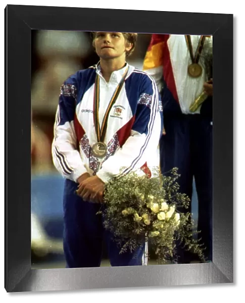 Nicola Fairbrother 1992 Gymnastics of Great Britain is close to tears at the medal