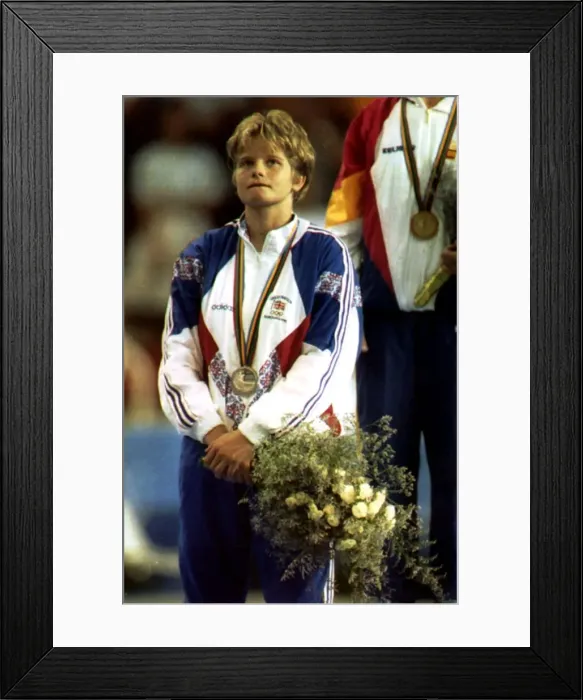 Framed Print : Nicola Fairbrother 1992 Gymnastics of Great Britain is close to tears at the medal