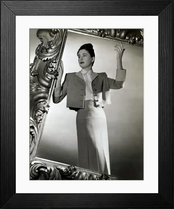 Framed Print : Fashion - Suit - circa 1940s Forenoon shade New waist jacket corsette skirt Framed Print : Fashion - Suit - circa 1940s Forenoon shade New waist jacket corsette skirt
