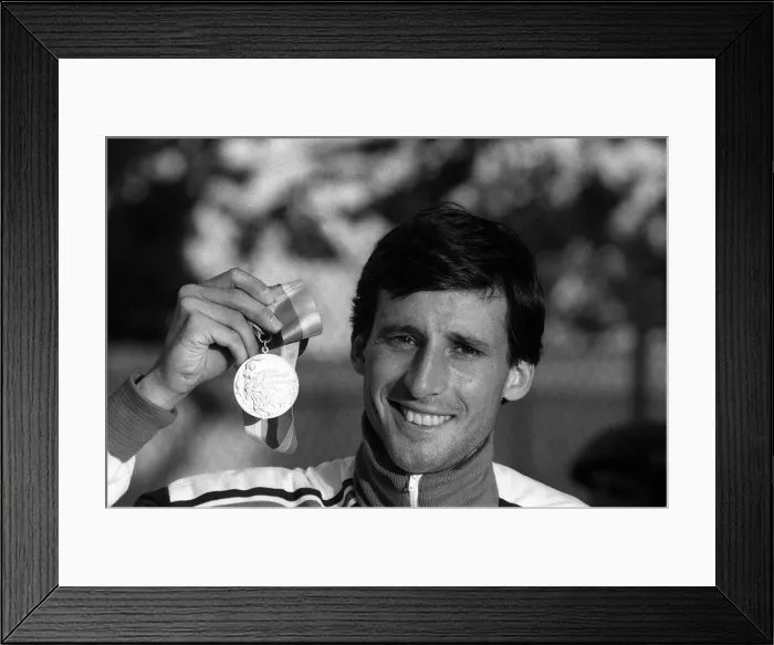 Framed Print : Sebastion Coe with his medal he won at Olympics 1984 at Los Angeles