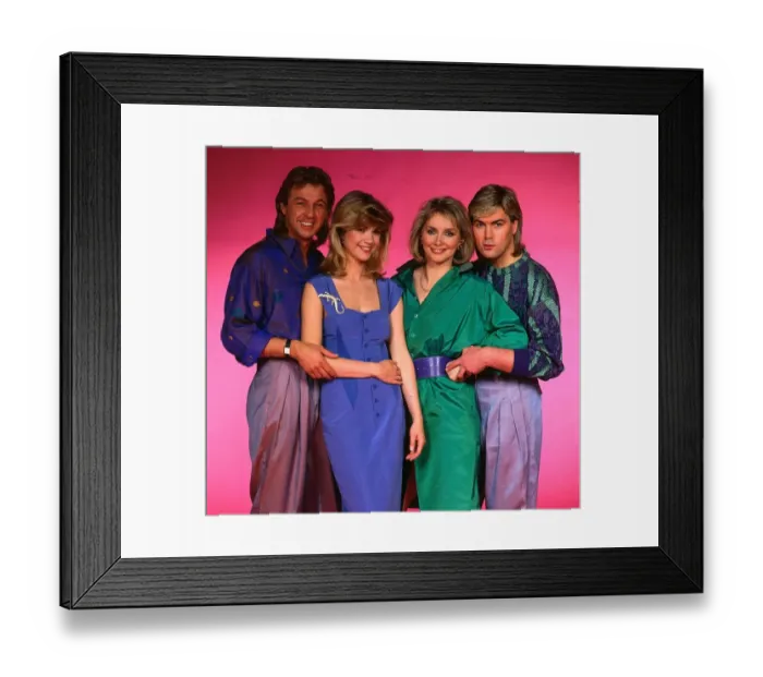 Framed Print : Bucks Fizz pop group modelling clothes circa 1982 Framed Print : Bucks Fizz pop group modelling clothes circa 1982