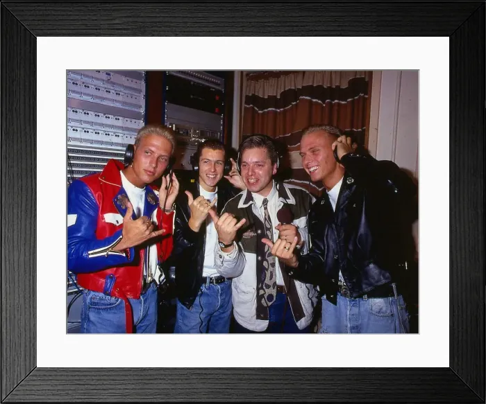 Framed Print : Bros pop group with disc jockey DJ Mark Goodier circa 1985 Framed Print : Bros pop group with disc jockey DJ Mark Goodier circa 1985