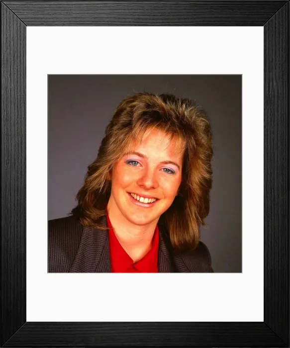 Framed Print : Hazel Irvine TV presenter November 1987 wearing red scarf