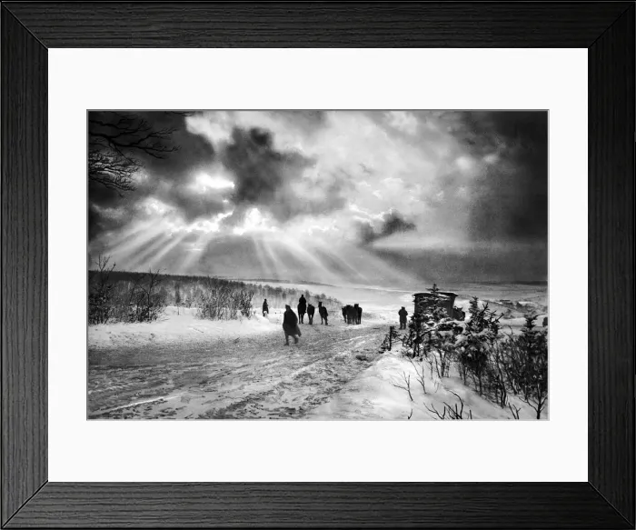 Framed Print : A winters evening scene with troops and horses walking through the snow-covered French Framed Print : A winters evening scene with troops and horses walking through the snow-covered French