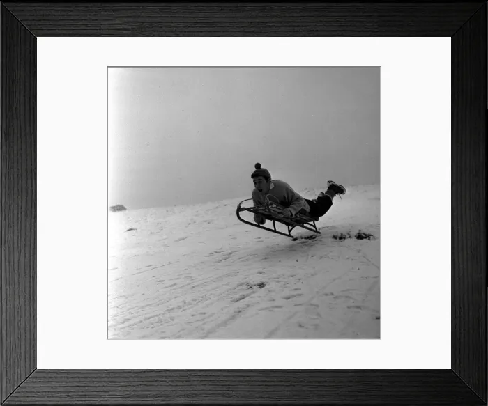 Framed Print : Fun riding a sledge downhill on in the snow on the slopes of Lyme Park in Disley Cheshire