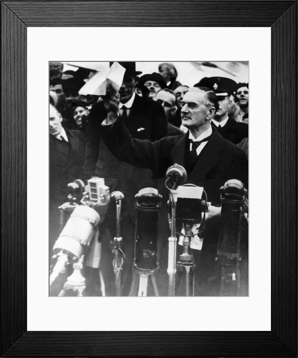 Framed Print : Neville Chamberlain returning from Munich after seeing Hitler with his piece of paper Framed Print : Neville Chamberlain returning from Munich after seeing Hitler with his piece of paper