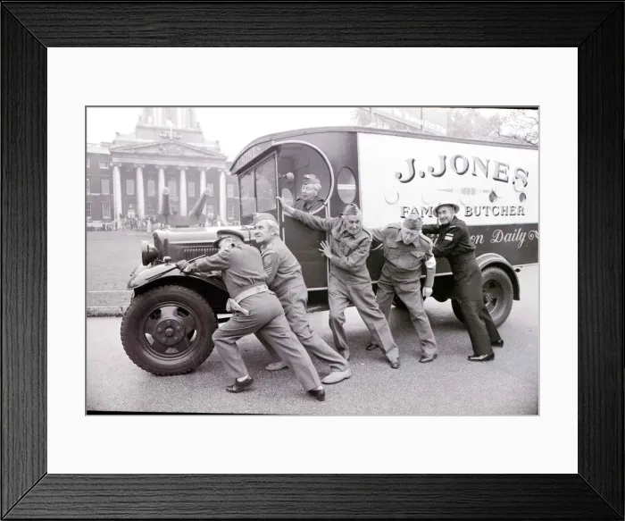 Framed Print : Cast of TV programme Dads Army in costume for the opening of Framed Print : Cast of TV programme Dads Army in costume for the opening of