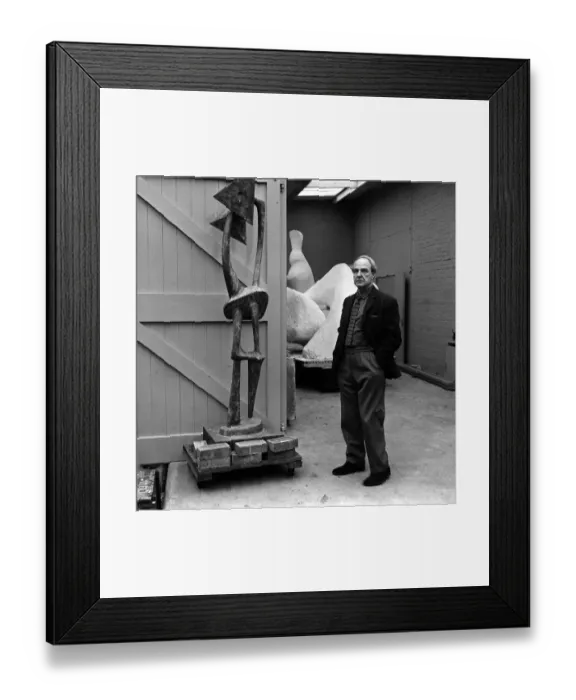 Framed Print : Henry Moore Artist and Sculpture May 1963 outside his studio with his work Framed Print : Henry Moore Artist and Sculpture May 1963 outside his studio with his work