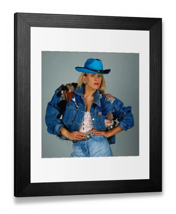 Framed Print : Carol Smillie model TV Presenter wearing blue cowboy hat denim jacket and white lace top Framed Print : Carol Smillie model TV Presenter wearing blue cowboy hat denim jacket and white lace top