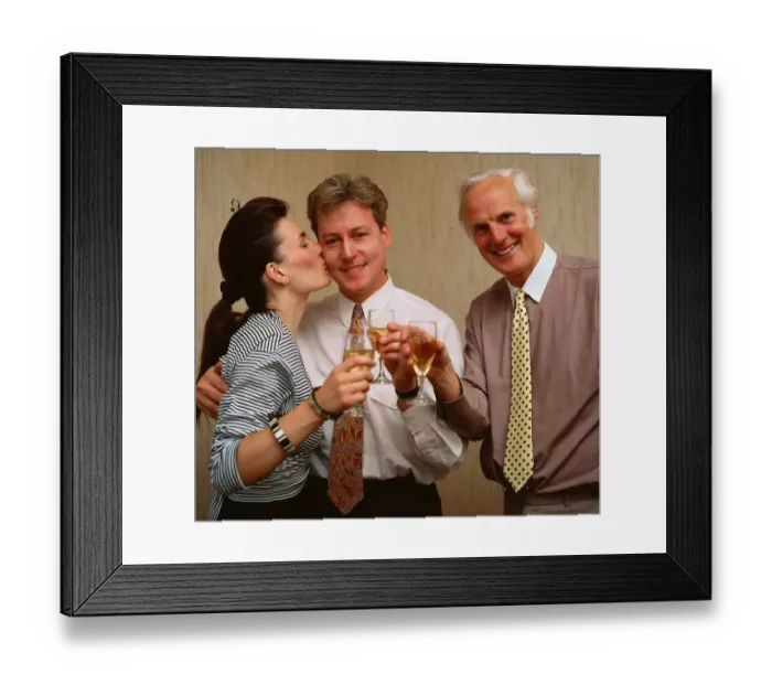 Framed Print : Jim White with wife Fiona and Arthur Montford May 1989