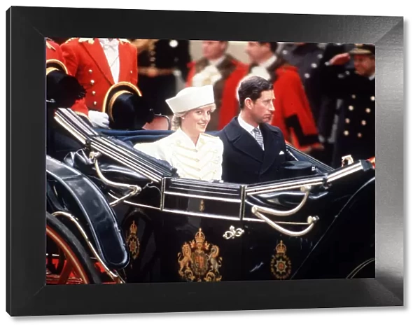 Prince Charles and Princess Diana in an open carriage during the state visit of King Fahd