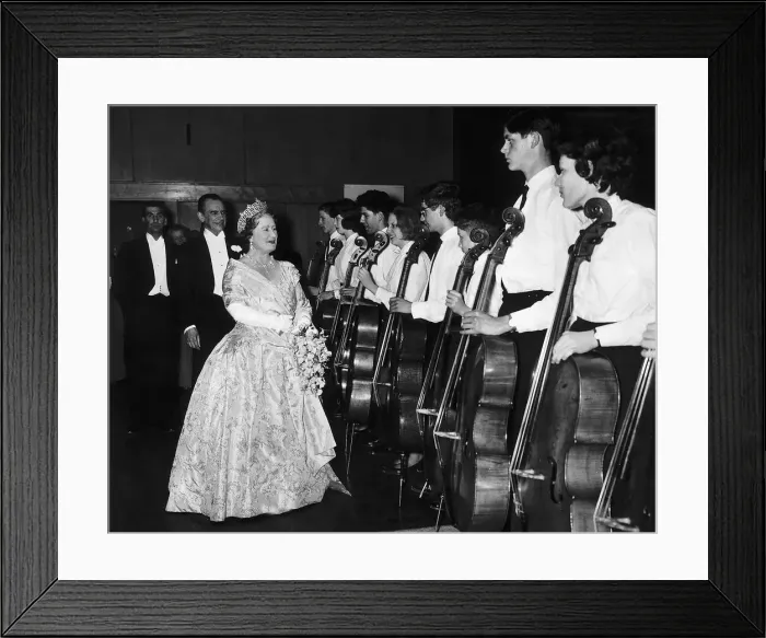 Framed Print : Queen Mother meeting members of the National Youth Orchestra as she attends their concert Framed Print : Queen Mother meeting members of the National Youth Orchestra as she attends their concert