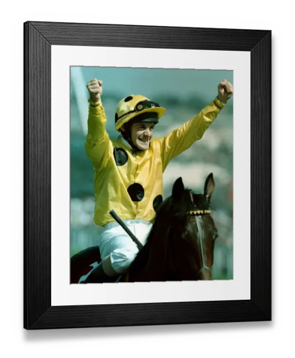 Framed Print : Olivier Peslier Jockey celebrates after winning the Derby on High Rise Racehorse as he is Framed Print : Olivier Peslier Jockey celebrates after winning the Derby on High Rise Racehorse as he is